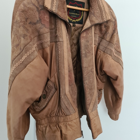 80s VINTAGE LEATHER JACKET Size 8-14 shoulder pads tan floral - Picture 7 of 14